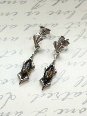 Sterling Silver Stud Drop Earrings with Amber Accent - Green Amber